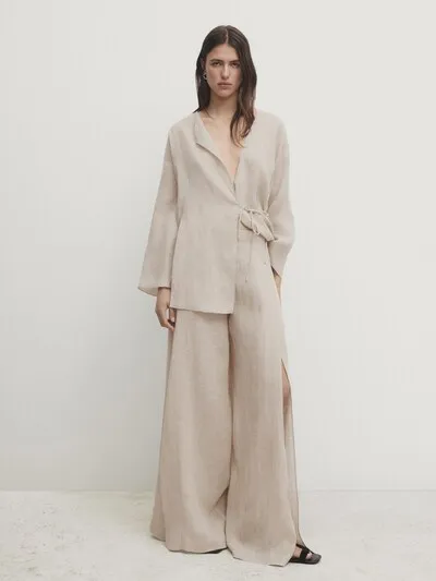 100% LINEN FLOWING TROUSERS WITH SLIT DETAILS