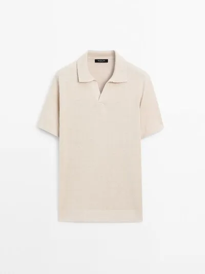 V-NECK COTTON LINEN BLEND POLO SHIRT