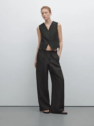 LINEN FRAYED DETAIL SUIT TROUSERS